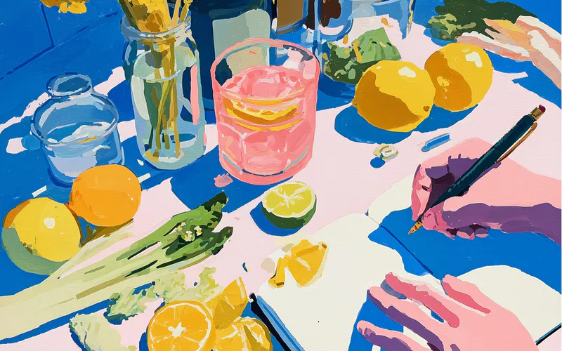 Artistic illustration of a person writing in a food journal surrounded by fresh ingredients and blue botanical elements