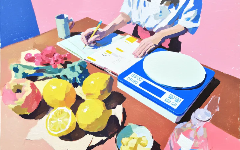 Artistic illustration of a person weighing food on a kitchen scale surrounded by colorful fruits and vegetables