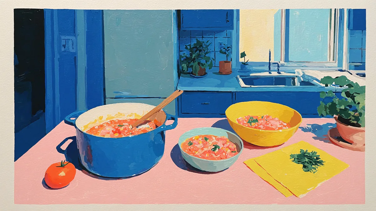 Gouache kitchen scene showing the same chili served in visibly different portion sizes