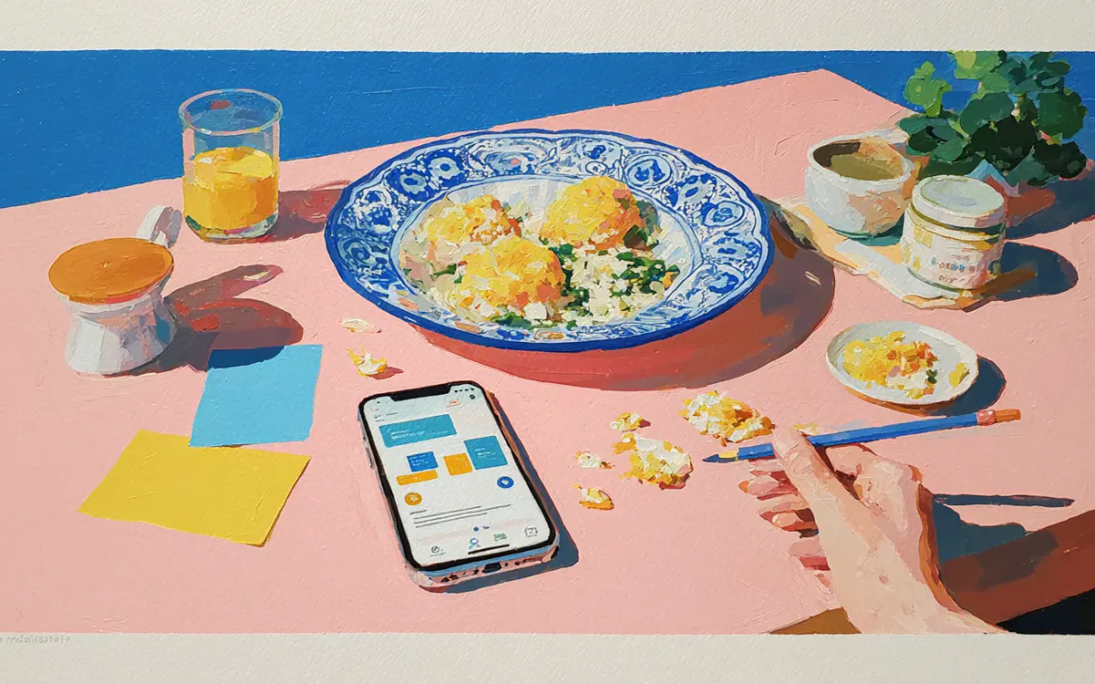 Gouache illustration of a meal, phone nutrition estimate, and hand making corrections with a pencil