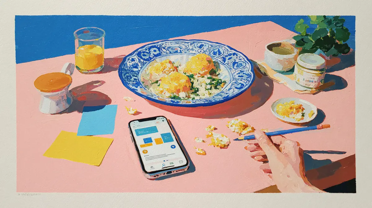 Gouache illustration of a meal, phone nutrition estimate, and hand making corrections with a pencil