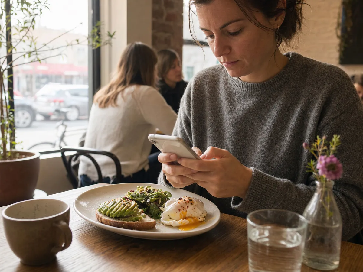 Person checking their phone while eating brunch at a cafe, a low-friction food logging moment