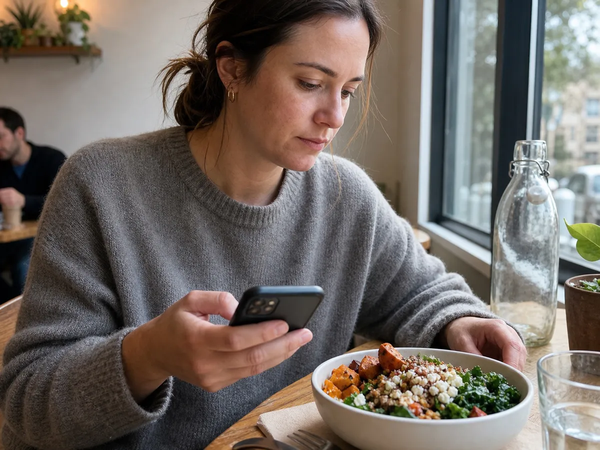 Person logging lunch on a phone at a bright cafe table