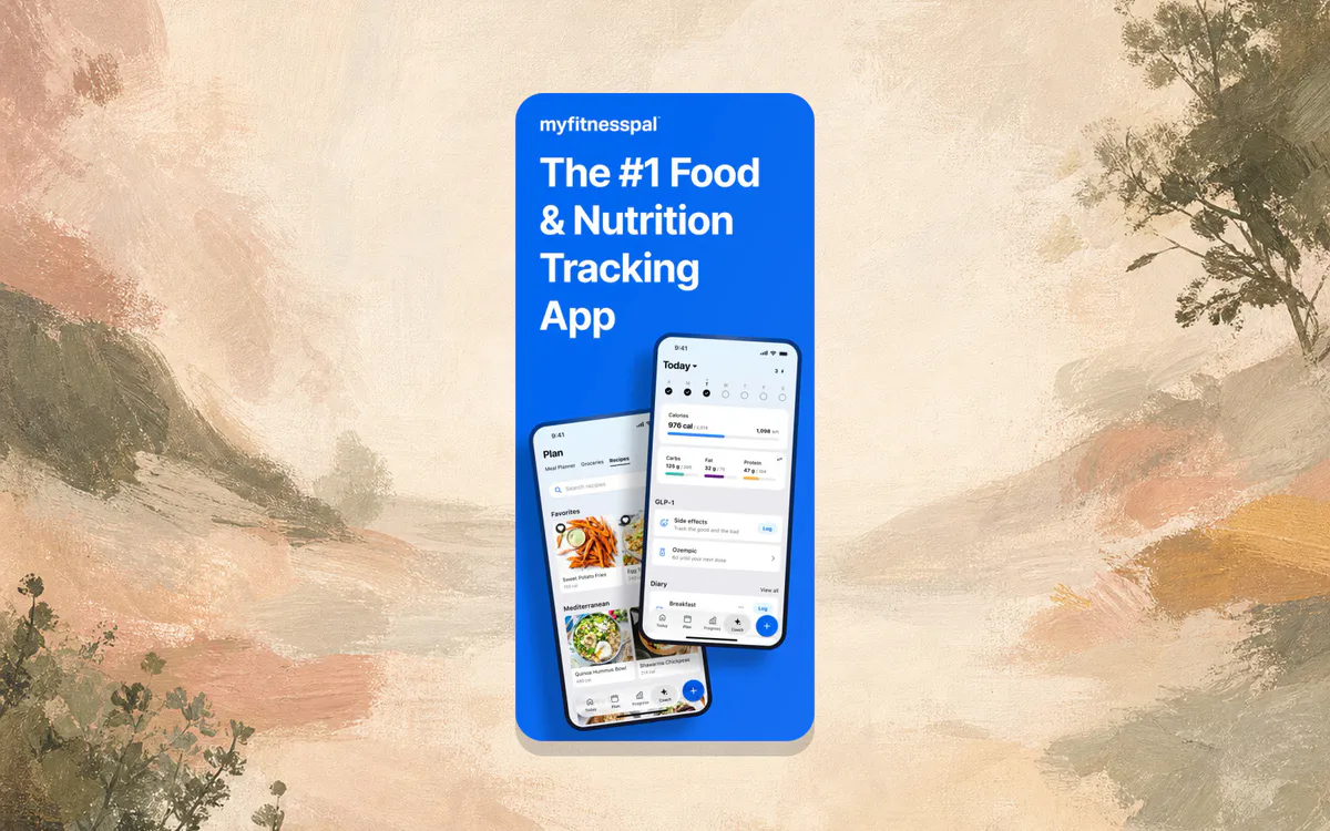 Official MyFitnessPal App Store dashboard screenshot on a full-bleed warm landscape art background