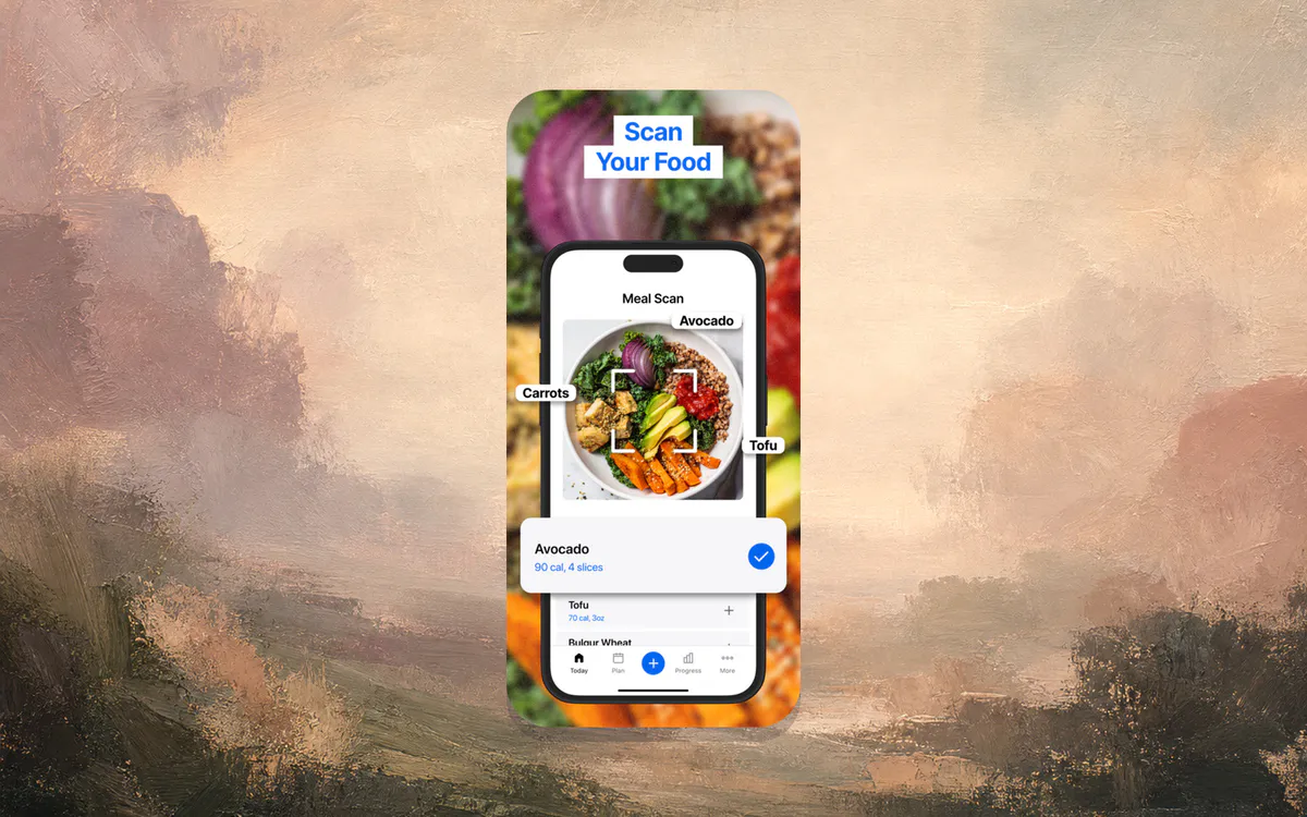 MyFitnessPal Meal Scan screenshot on a full-bleed subtle dusk landscape art background