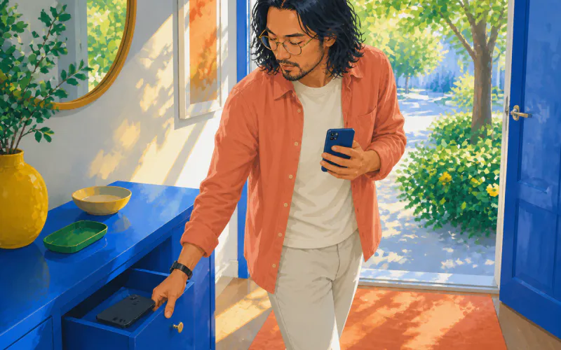 A long-haired man in a coral overshirt keeps one phone in hand while closing a drawer on a second phone