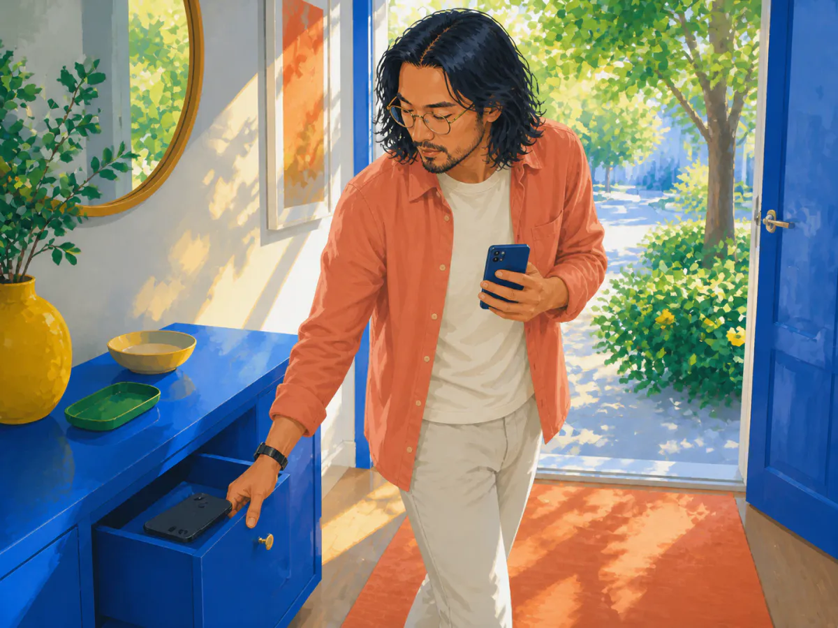 A long-haired man in a coral overshirt keeps one phone in hand while closing a drawer on a second phone
