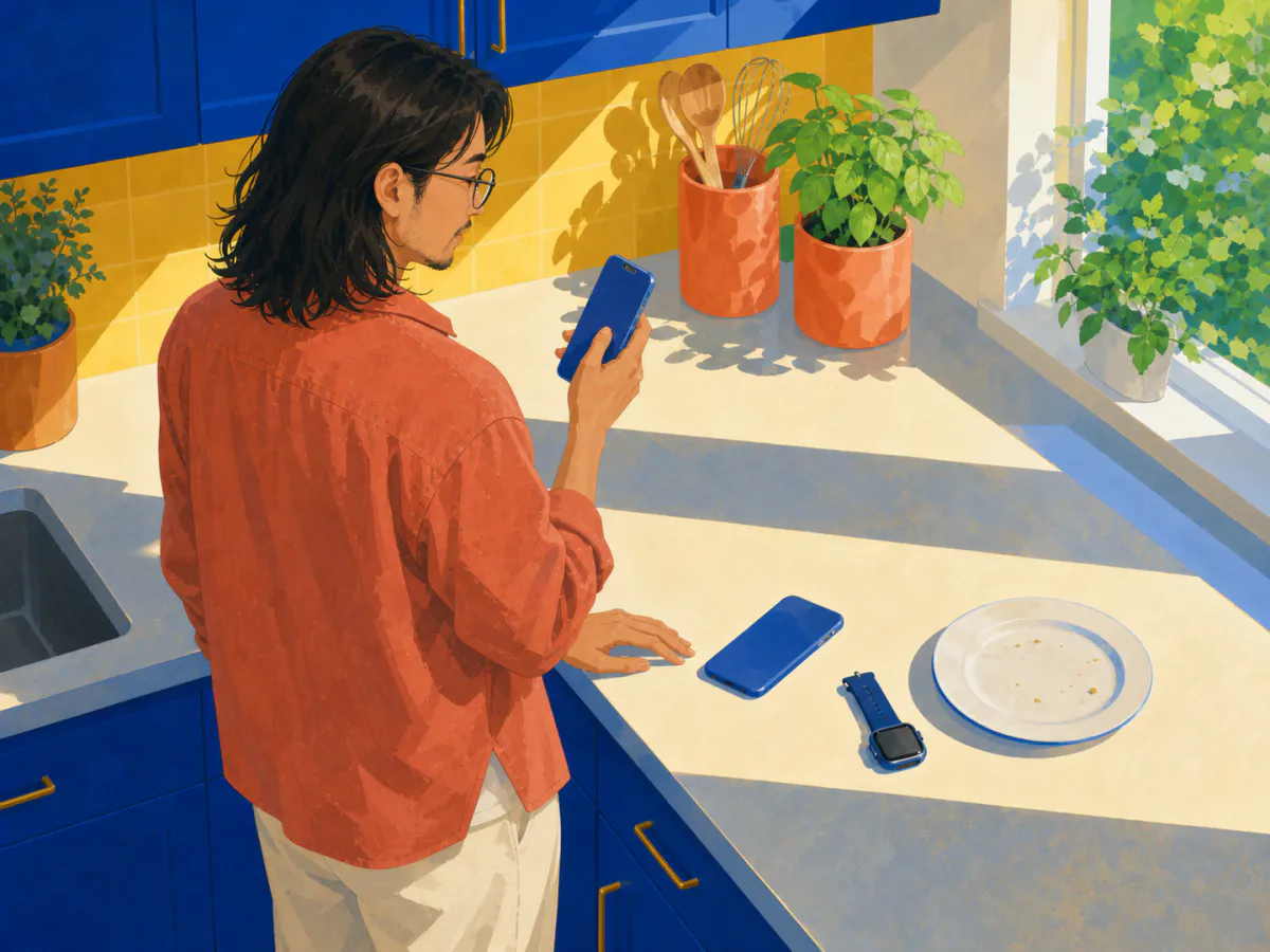 A long-haired man in a coral overshirt uses one phone while a second phone and smartwatch remain unused beside a finished plate