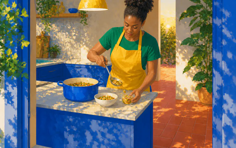 A woman with a natural high puff and yellow apron divides one pot of homemade food into a dinner bowl and smaller leftover container