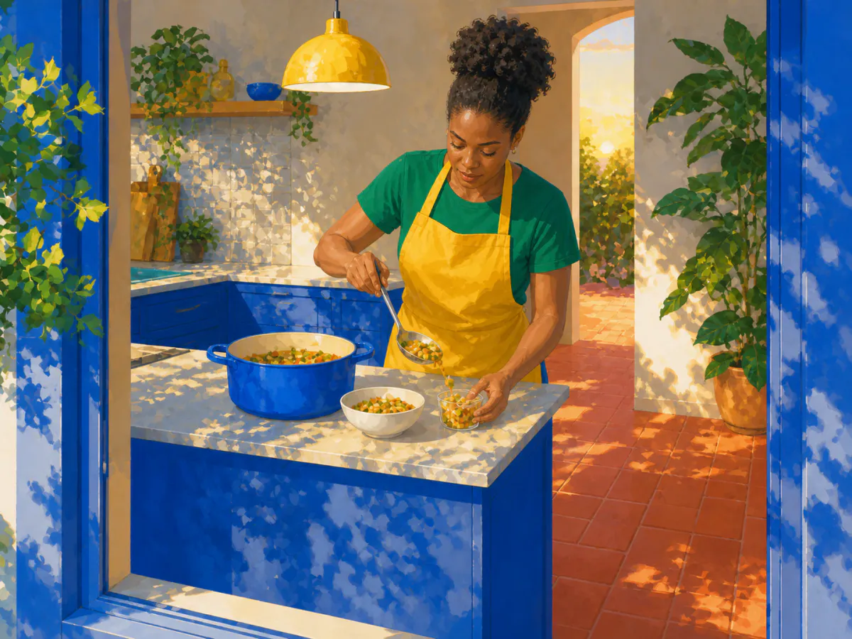 A woman with a natural high puff and yellow apron divides one pot of homemade food into a dinner bowl and smaller leftover container