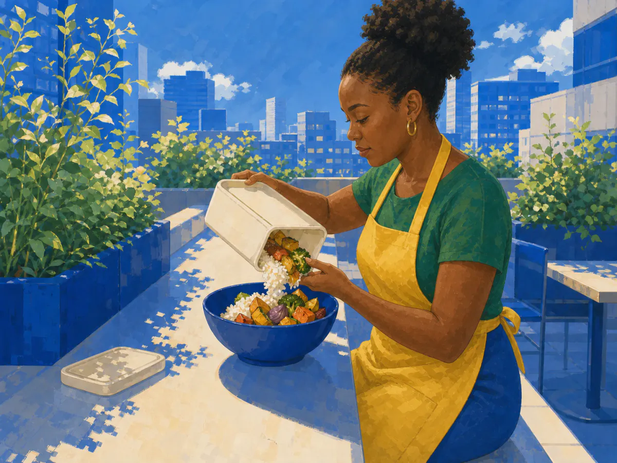 A woman with a natural high puff and yellow apron serves homemade leftovers into a familiar blue bowl on a sunny rooftop terrace