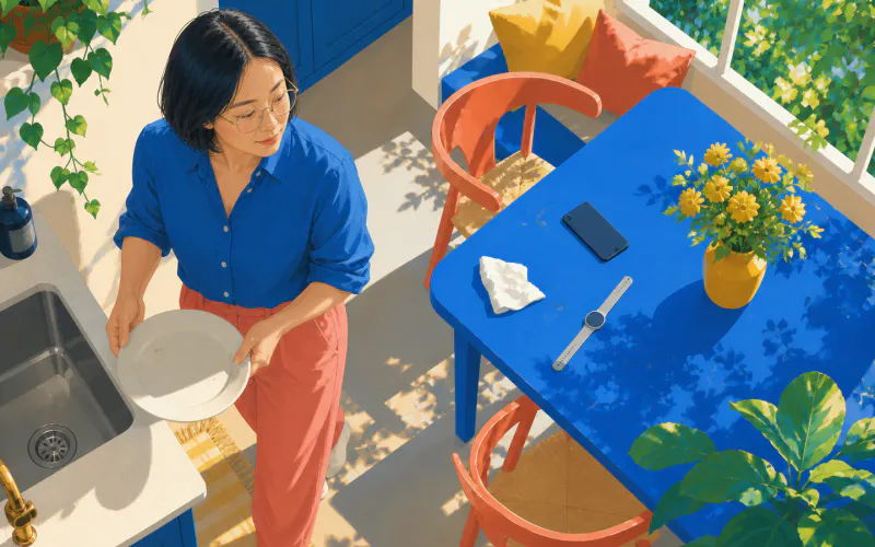 A woman in a cobalt blouse carries an empty breakfast plate toward the sink while an untouched phone and smartwatch remain on the table