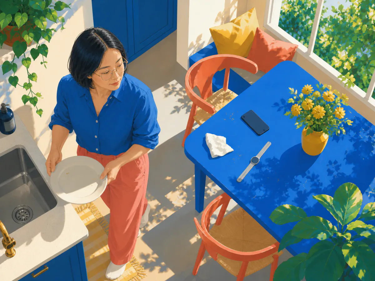 A woman in a cobalt blouse carries an empty breakfast plate toward the sink while an untouched phone and smartwatch remain on the table