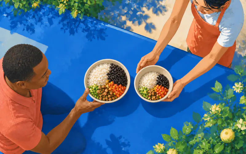 A man in a coral polo compares two similar grain bowls at a restaurant pass, one with a visibly larger hand-portioned scoop