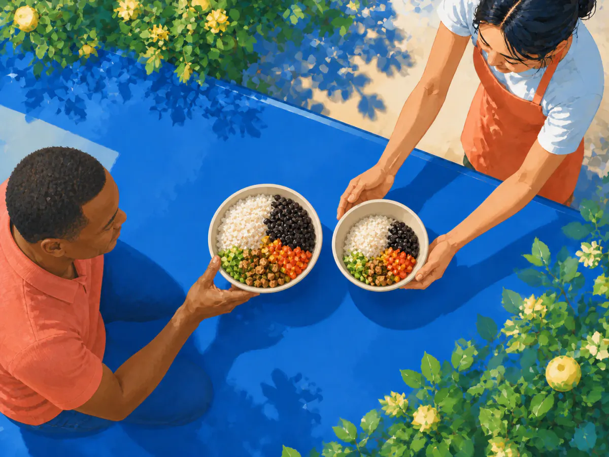 A man in a coral polo compares two similar grain bowls at a restaurant pass, one with a visibly larger hand-portioned scoop