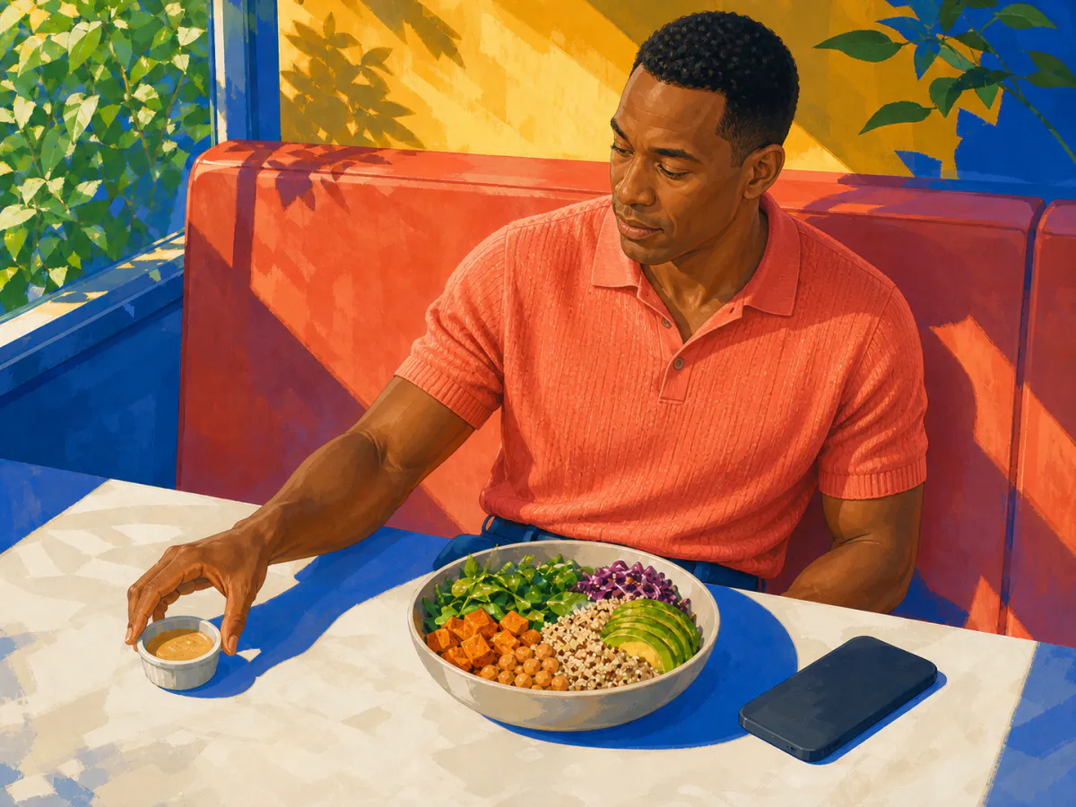 A man in a coral polo slides a sauce cup aside from a restaurant bowl while a phone remains face-down