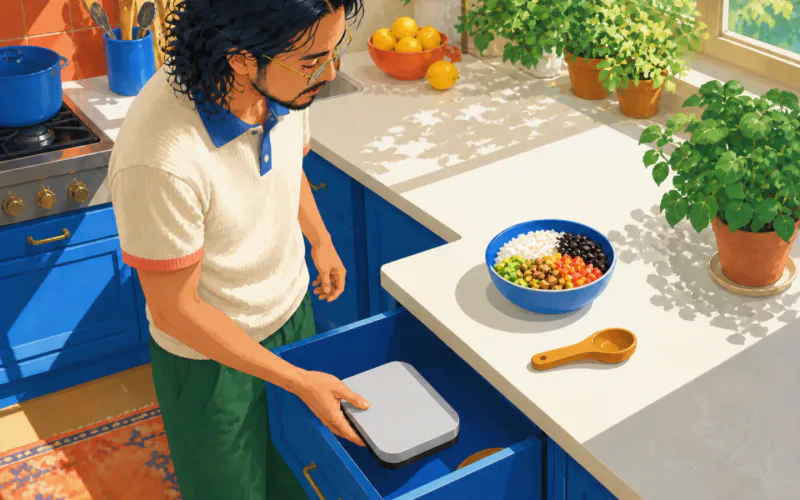 A long-haired man in a cream rugby shirt puts a kitchen scale into a drawer beside a familiar blue bowl and repeat serving scoop