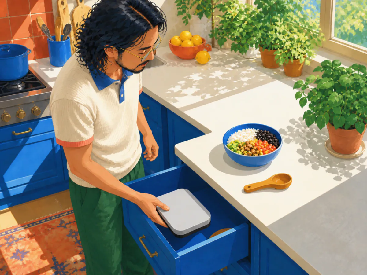 A long-haired man in a cream rugby shirt puts a kitchen scale into a drawer beside a familiar blue bowl and repeat serving scoop