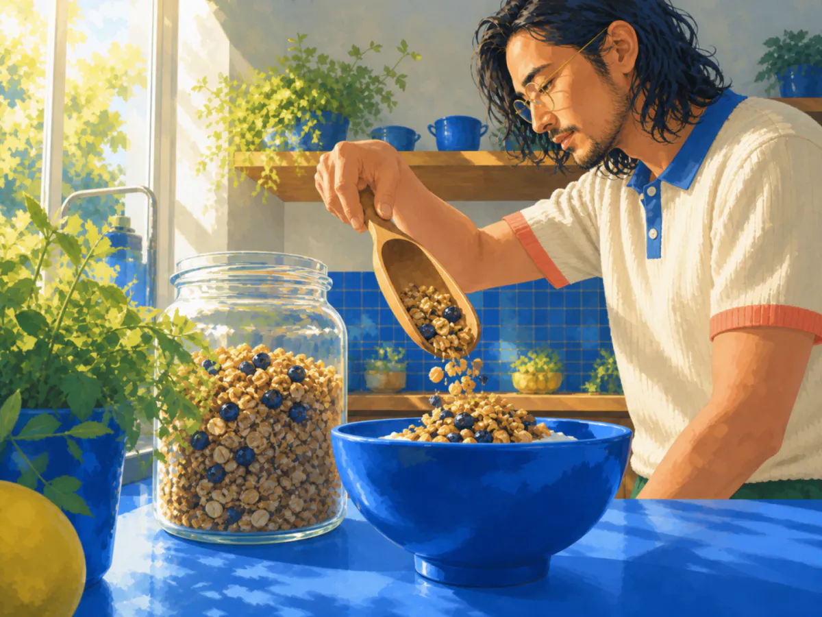 A long-haired man in a cream rugby shirt serves a familiar breakfast from a plain jar with the same wooden scoop and blue bowl he uses regularly