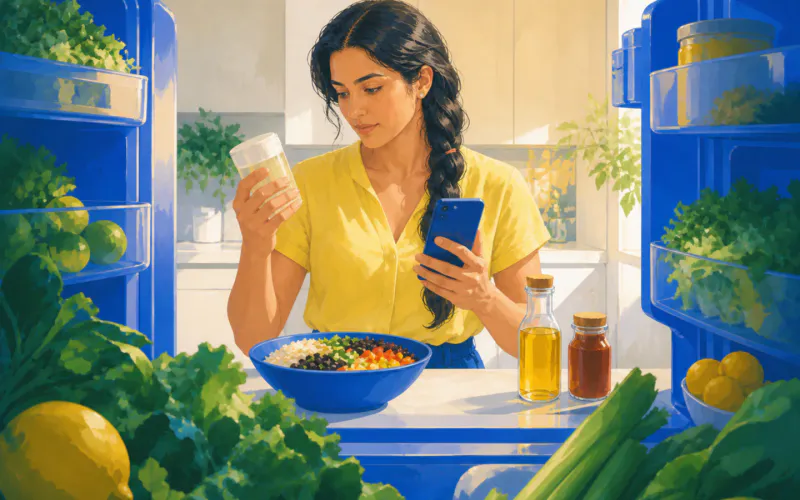 A braided woman in a yellow blouse checks a plain ingredient container inside the refrigerator while a finished bowl, oil, and sauce remain visible