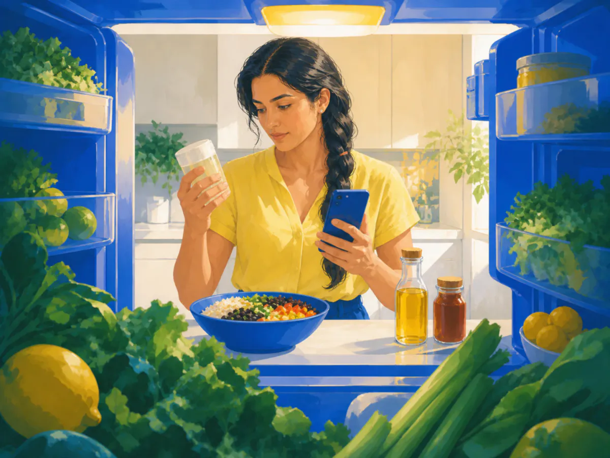 A braided woman in a yellow blouse checks a plain ingredient container inside the refrigerator while a finished bowl, oil, and sauce remain visible