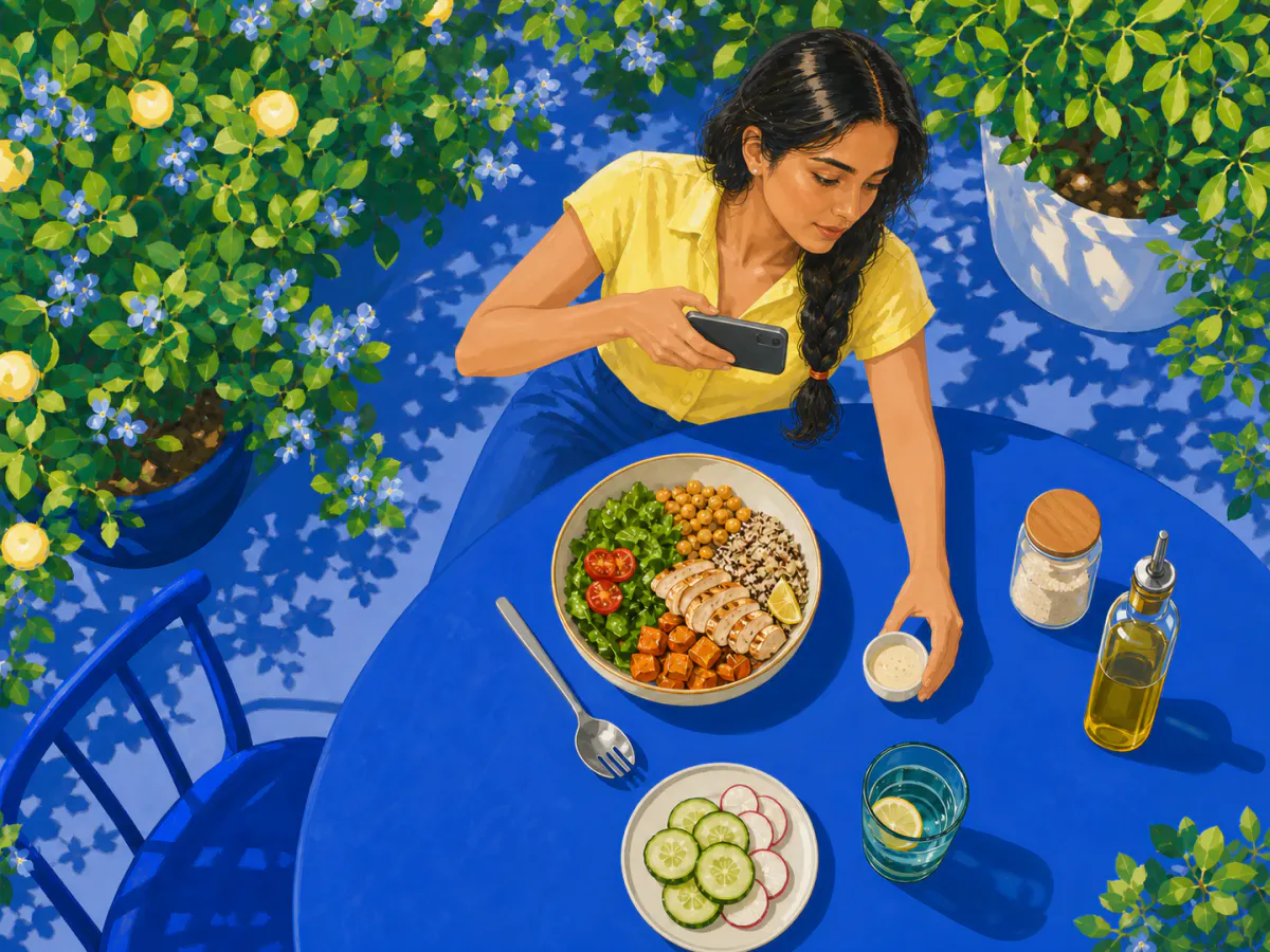 A braided woman in a yellow blouse photographs a complete meal with its bowl, side, drink, sauce, plain ingredient container, oil bottle, and utensil visible