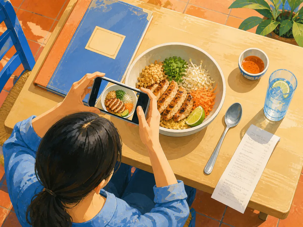 Painted illustration of a diner photographing a restaurant bowl with its receipt, sauce cup, and spoon in view