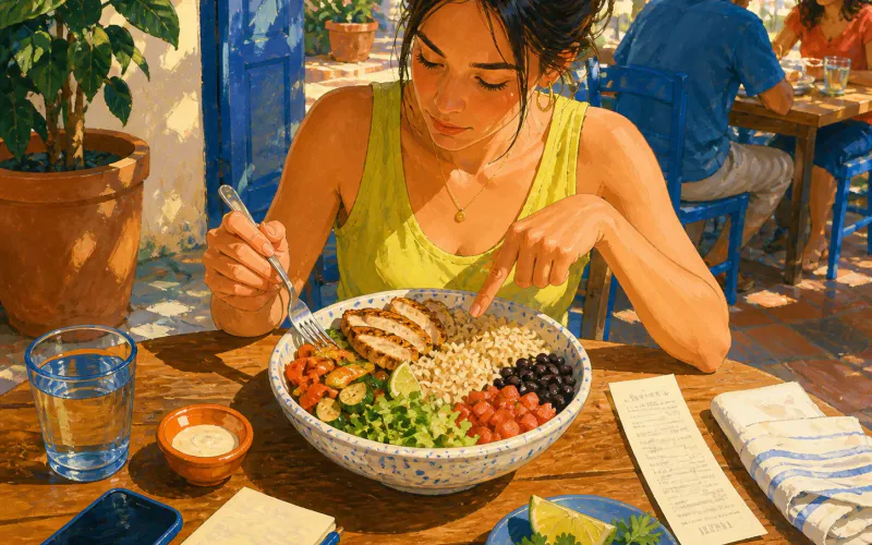 Painted illustration of a diner separating a restaurant bowl into rice, chicken, vegetables, and sauce while checking the receipt