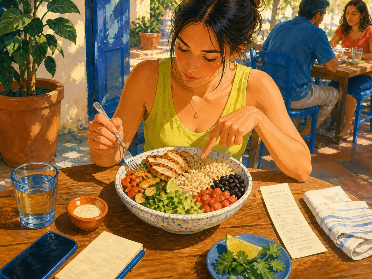 Painted illustration of a diner separating a restaurant bowl into rice, chicken, vegetables, and sauce while checking the receipt