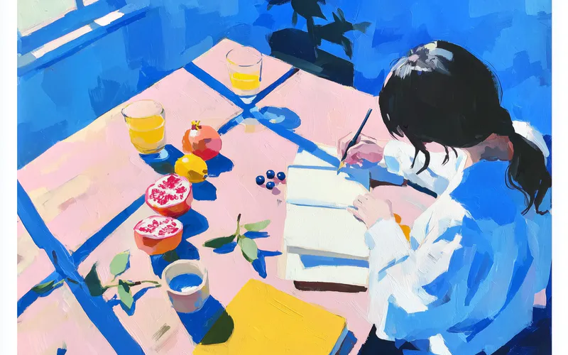 Artistic illustration of a person writing in a food journal surrounded by scattered fruits and botanical elements in blue tones