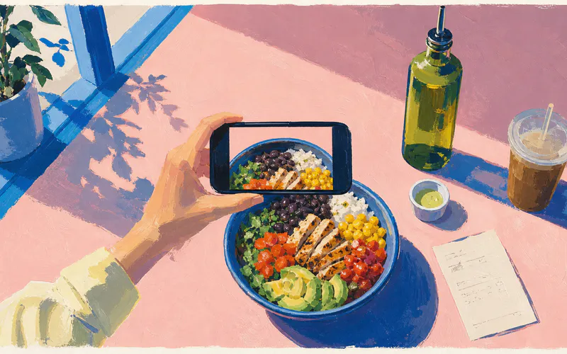 Gouache illustration of a phone photographing a visible meal while oil, dressing, a drink, and order details sit outside the camera frame