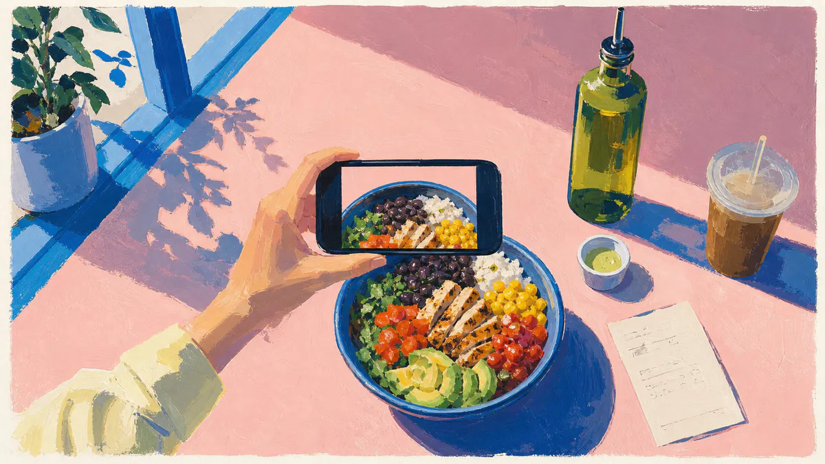 Gouache illustration of a phone photographing a visible meal while oil, dressing, a drink, and order details sit outside the camera frame
