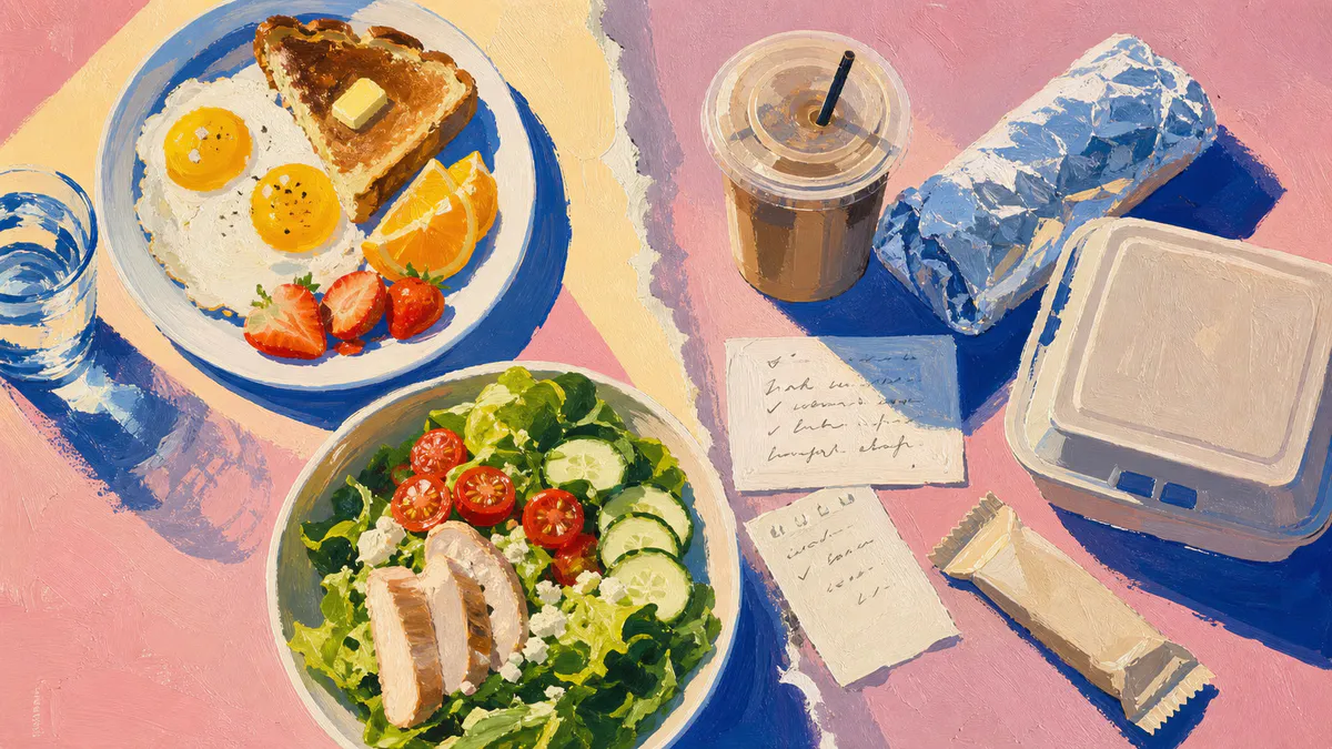 Gouache still life contrasting visible plated meals with wrapped, covered, and customized foods that need remembered details