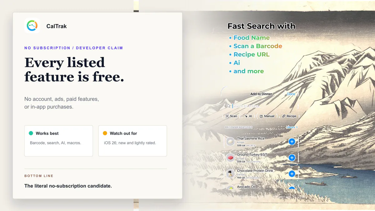CalTrak's official search screen beside its developer-documented no-subscription boundary and compatibility caveat