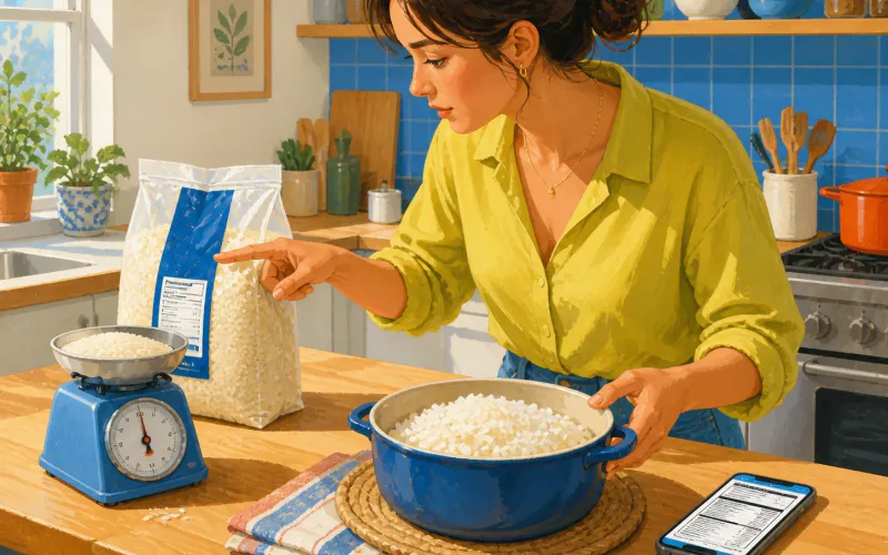Painted illustration of a person comparing dry rice, cooked rice, a package label, and a food record