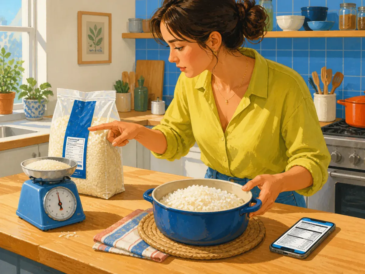 Painted illustration of a person comparing dry rice, cooked rice, a package label, and a food record