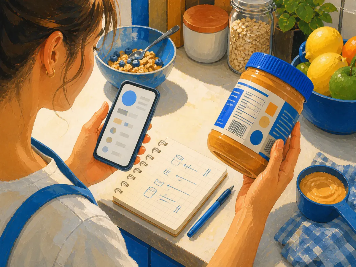 Painted illustration of a person comparing a current food package label with an older saved phone entry