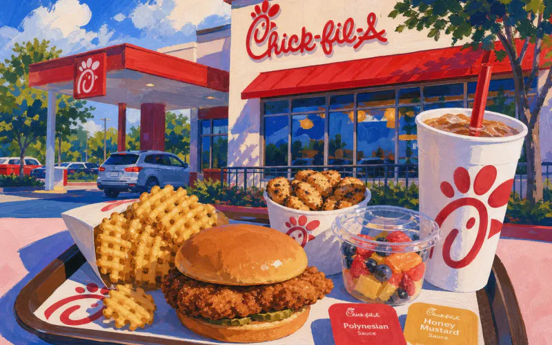 Painterly Chick-fil-A restaurant scene with a chicken sandwich, waffle fries, nuggets, fruit cup, sauces, and iced tea