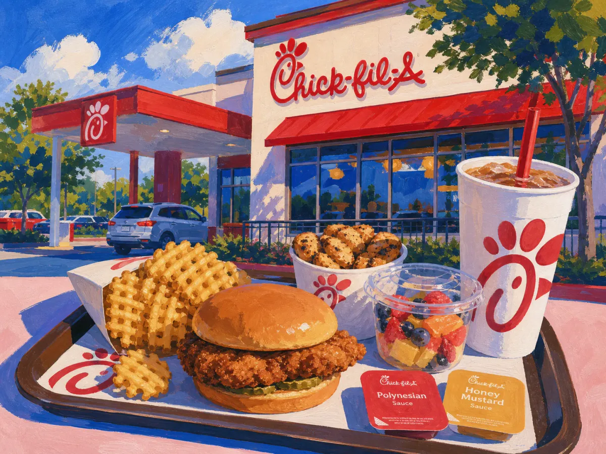 Painterly Chick-fil-A restaurant scene with a chicken sandwich, waffle fries, nuggets, fruit cup, sauces, and iced tea