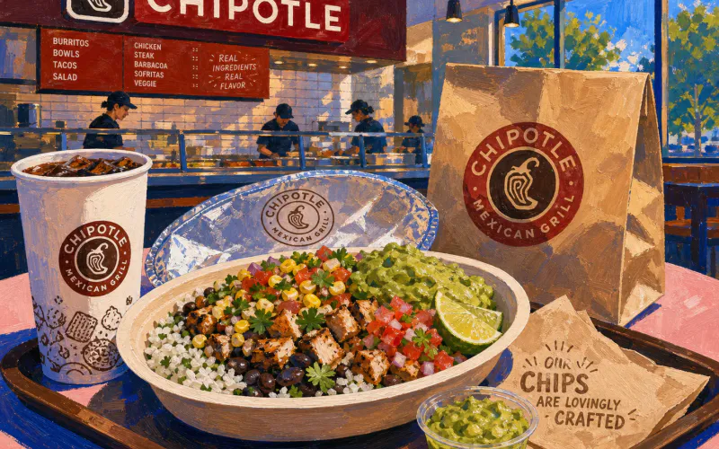 Painterly Chipotle restaurant counter scene with a burrito bowl, drink, bag, chips, and guacamole