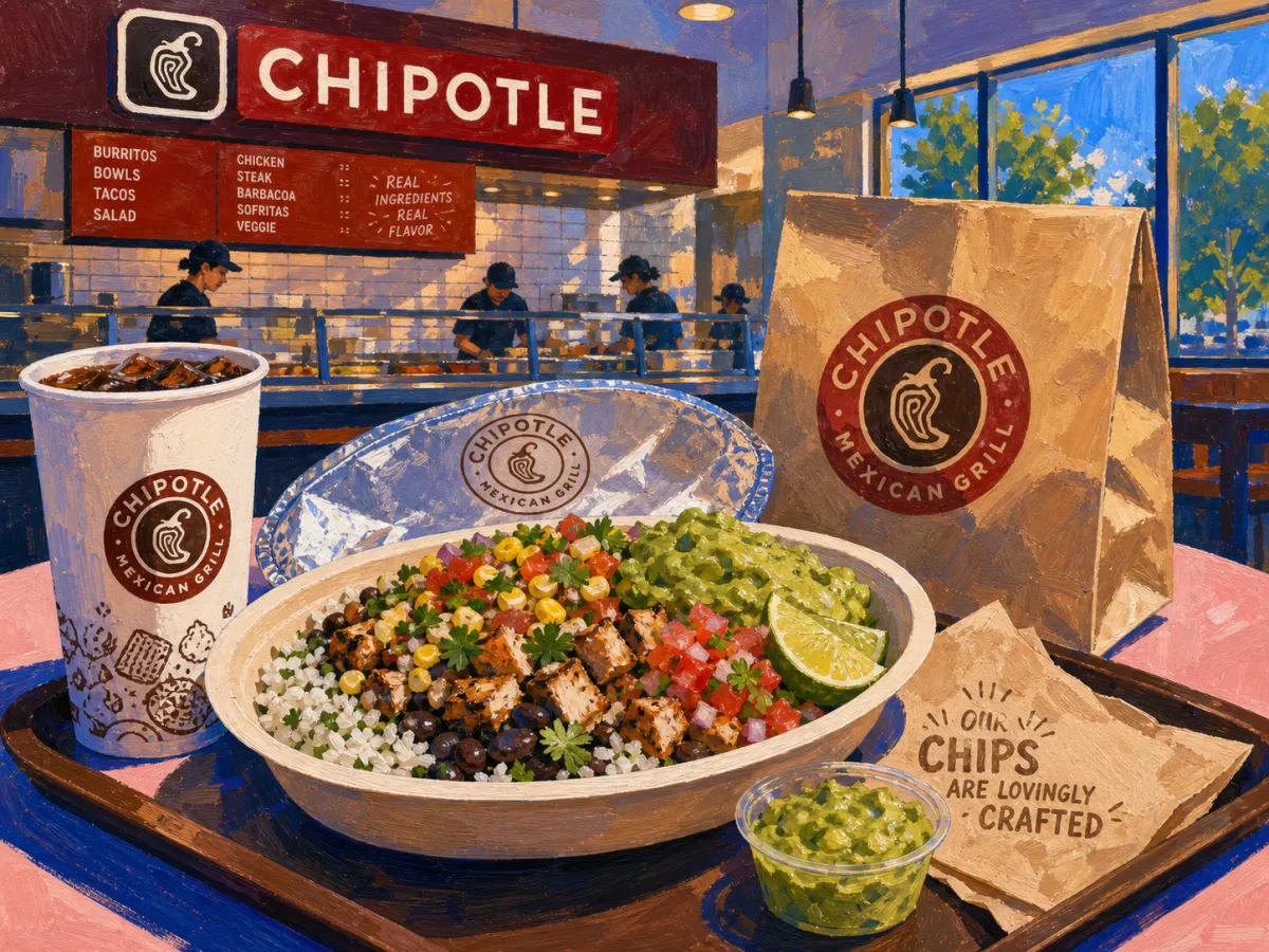 Painterly Chipotle restaurant counter scene with a burrito bowl, drink, bag, chips, and guacamole