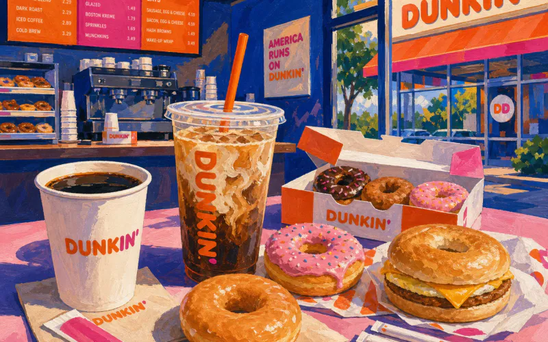 Painterly Dunkin' coffee shop scene with iced coffee, hot coffee, donuts, a breakfast sandwich, and orange-pink storefront cues