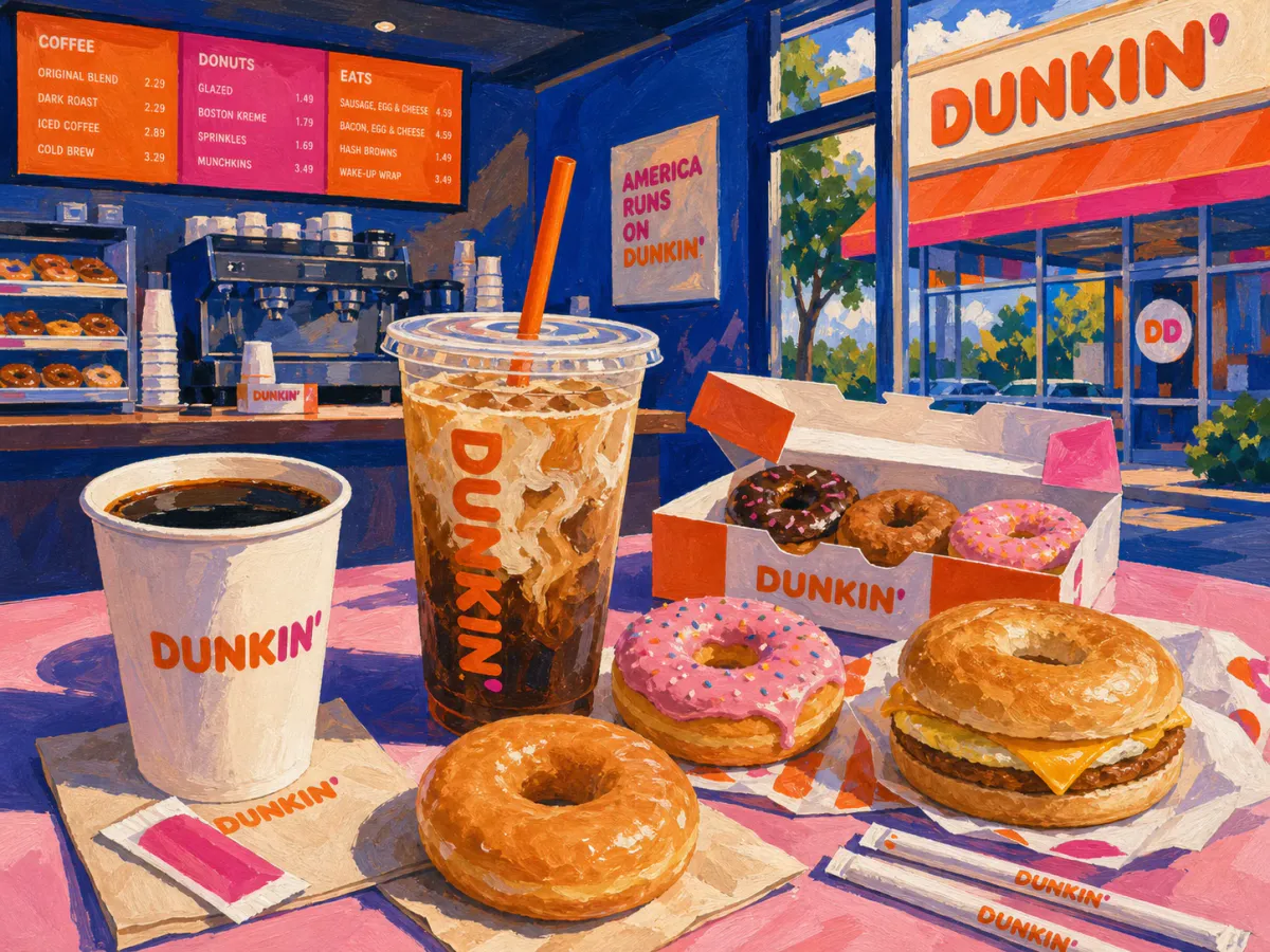 Painterly Dunkin' coffee shop scene with iced coffee, hot coffee, donuts, a breakfast sandwich, and orange-pink storefront cues