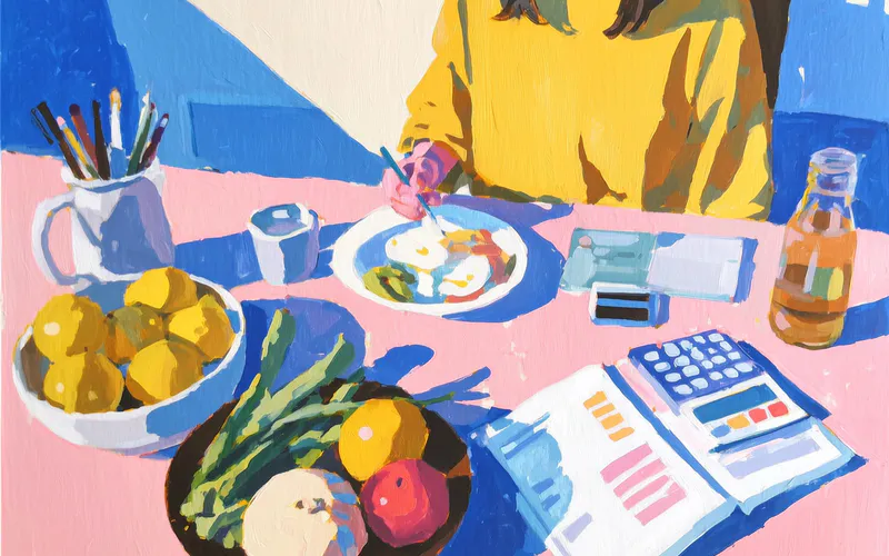 Artistic illustration of balanced meals and daily calorie intake planning