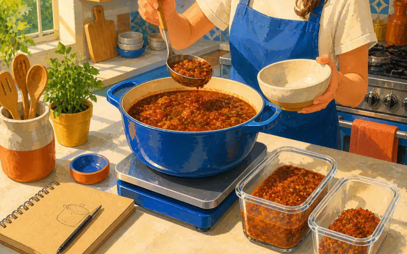 Painted illustration of a finished pot of chili on a scale beside two unequal leftover portions