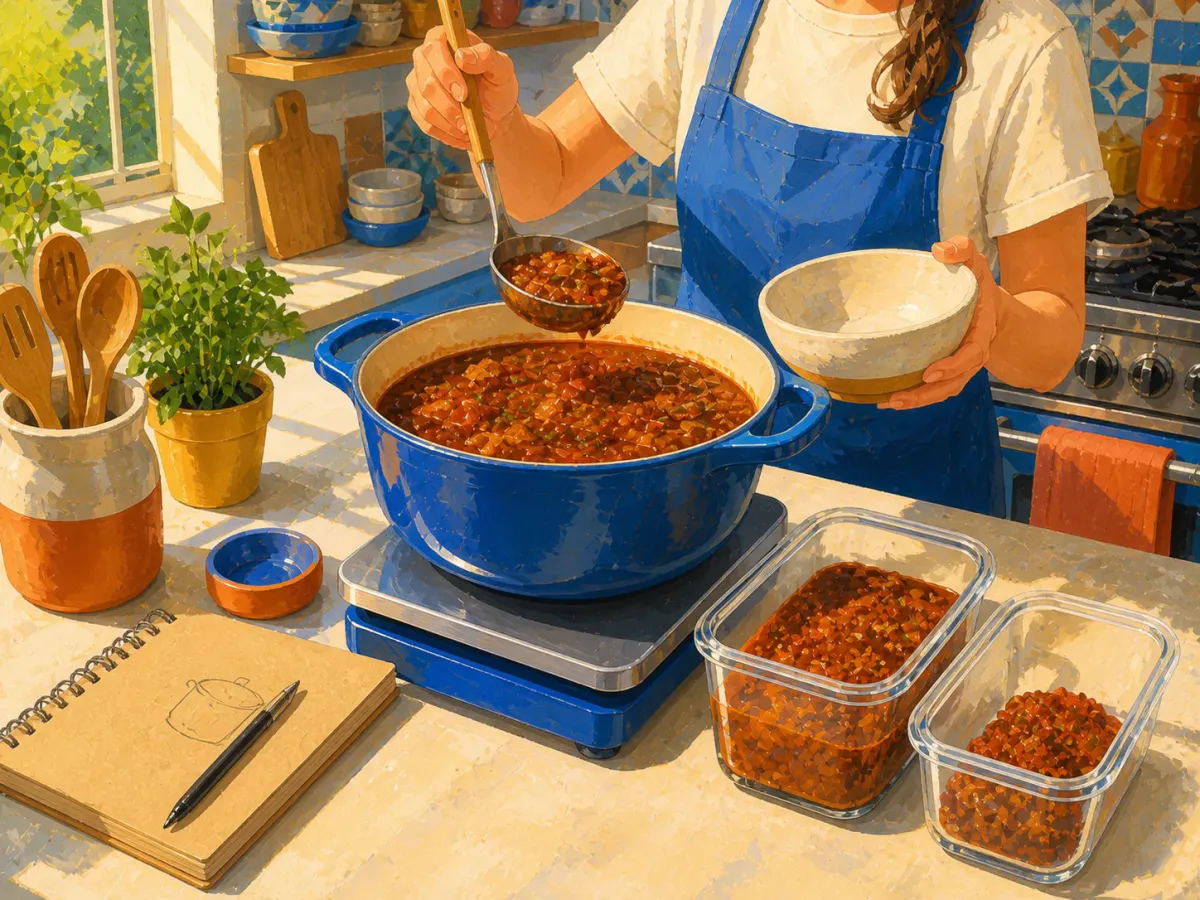 Painted illustration of a finished pot of chili on a scale beside two unequal leftover portions