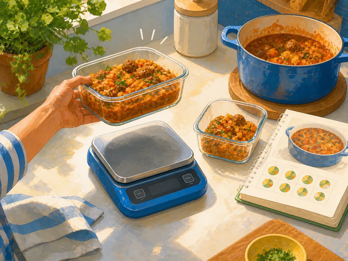 Painted illustration of two unequal leftovers containers being weighed from the same batch
