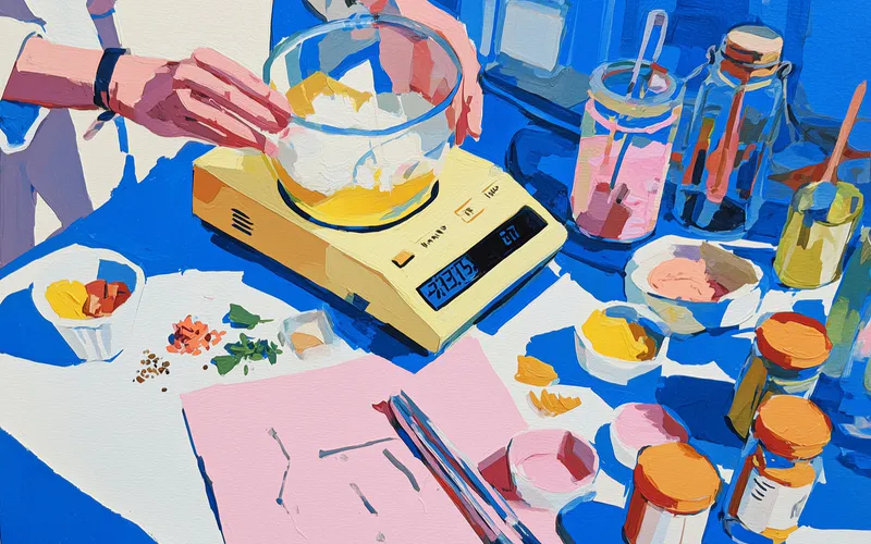Artistic illustration of homemade cooking ingredients and a kitchen scale for calorie counting
