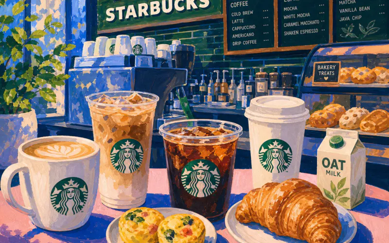 Painterly Starbucks cafe counter scene with coffee drinks, pastries, egg bites, and oat milk