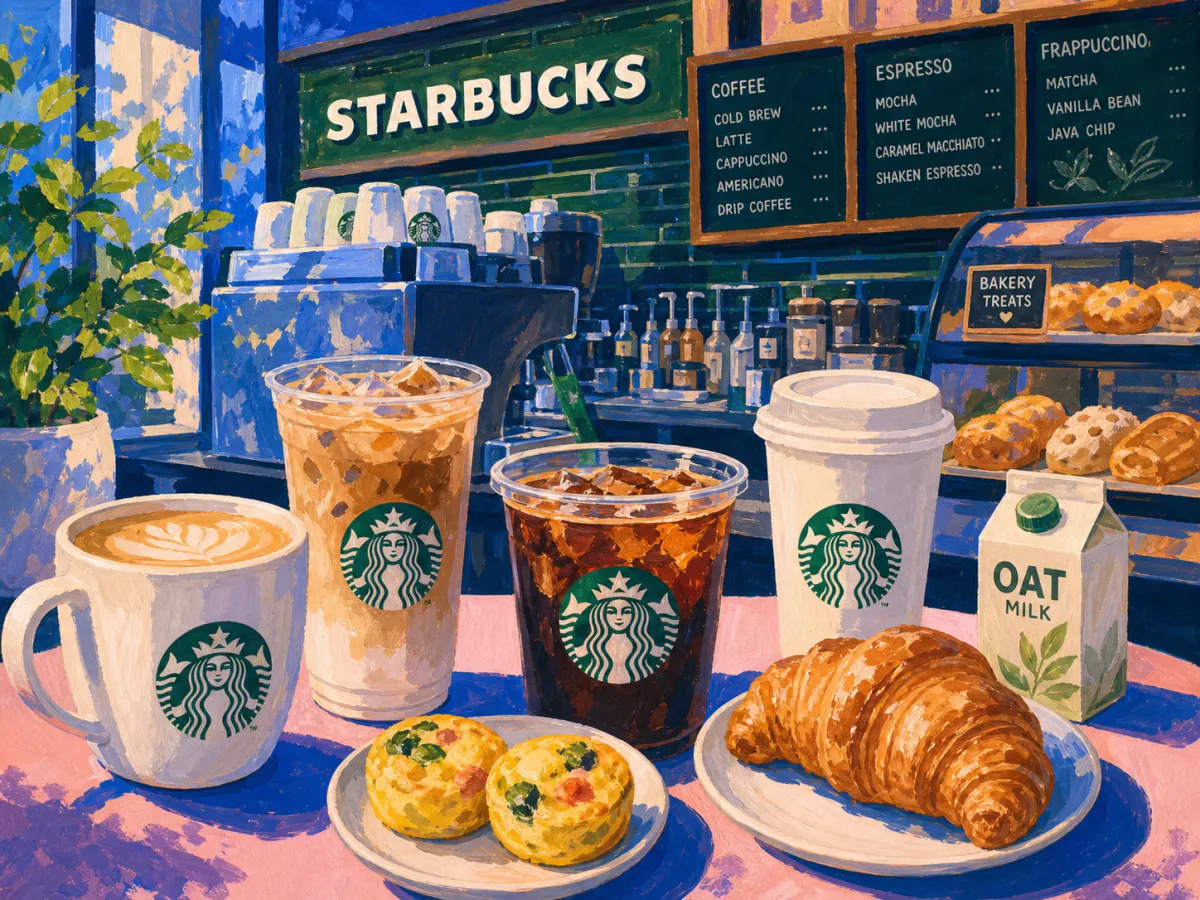 Painterly Starbucks cafe counter scene with coffee drinks, pastries, egg bites, and oat milk